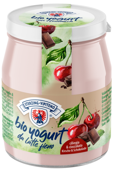 Jogurt wiśniowy z kawałkami czekolady z mleka siennego bezglutenowy bio 150 g (słoik) - Sterzing-Vipiteno